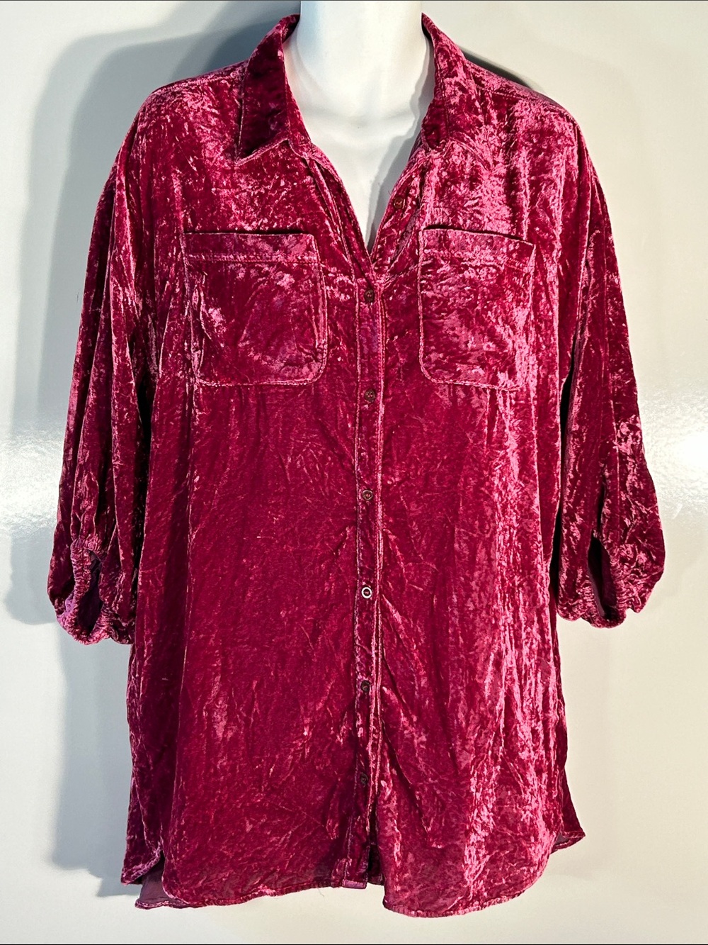Free People Oversized SZ XS Magenta Velvet Button Down Dress or Tunic Boho Comfy